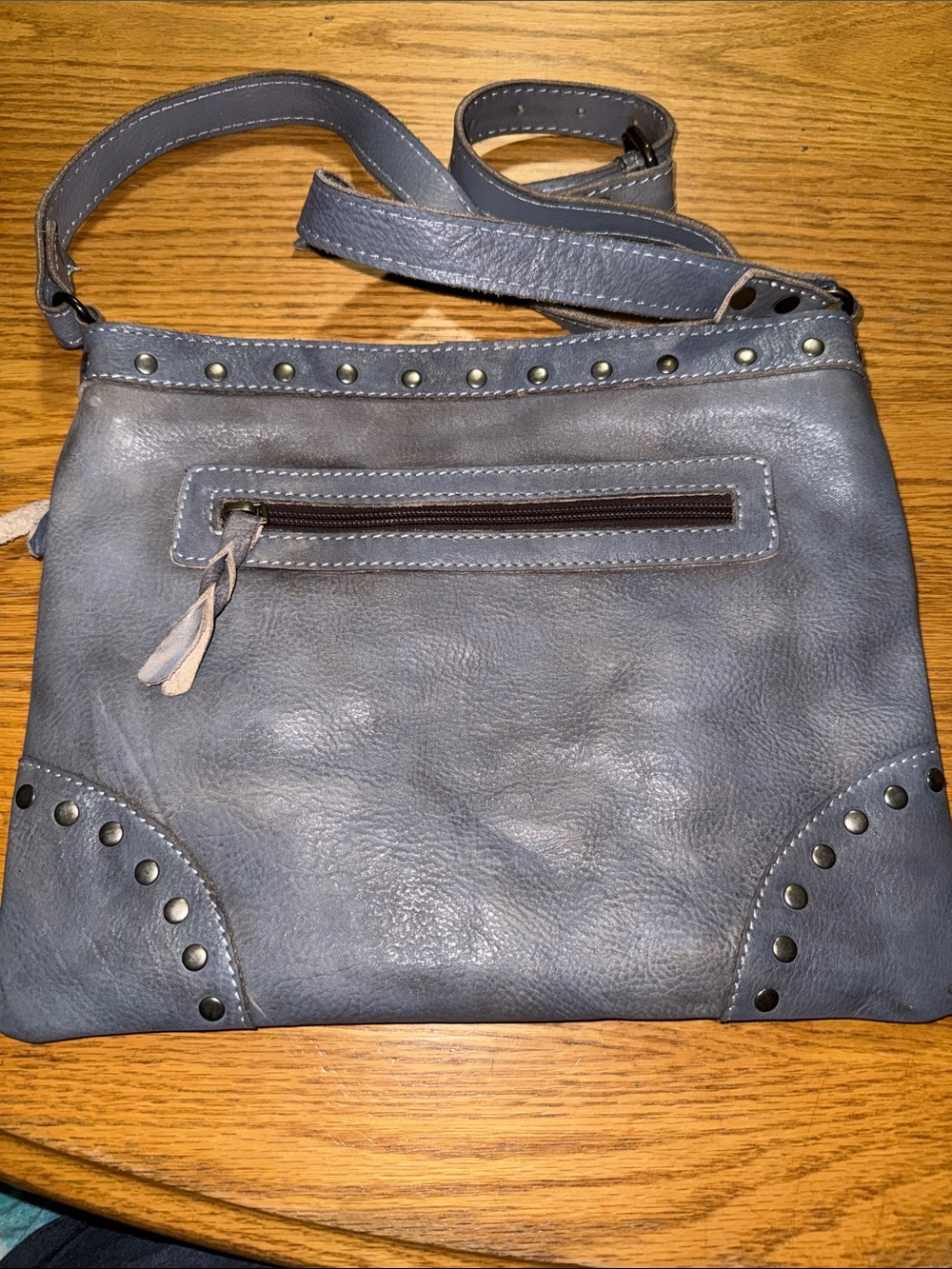 Nevermind Stylish Grayish Blue Genuine Leather Studded Crossbody Bag